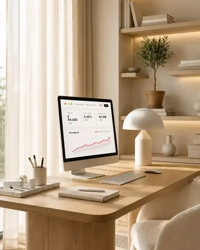 Warme werkplek met dashboard op het iMac-scherm
